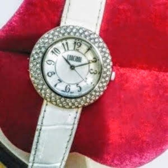 Lanciani crystal watch white patent leather strap